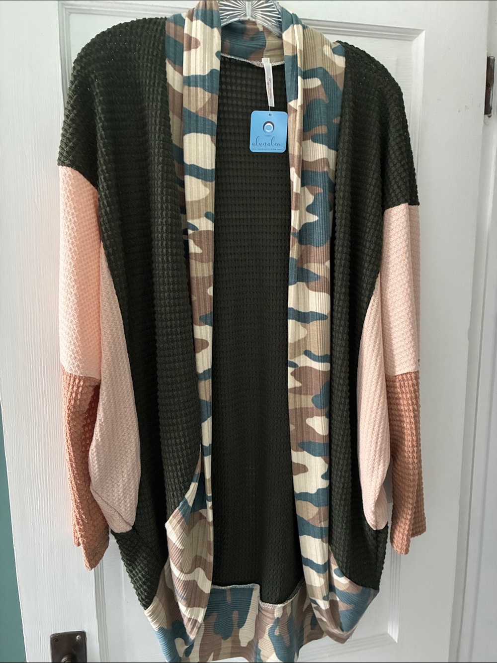Aluna Levi Olive Green & Blush Colorblock Cardigan with Camo Trim